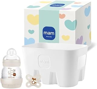 MAM Easy Start Anti-Colic Combi Set XS, Baby Erstausstattung mit Anti-Colic Flasche (130 ml), inkl. Sauger Größe 0, Start Schnuller und Flaschenkorb, Baby Geschenk Set, ab der Geburt, beige