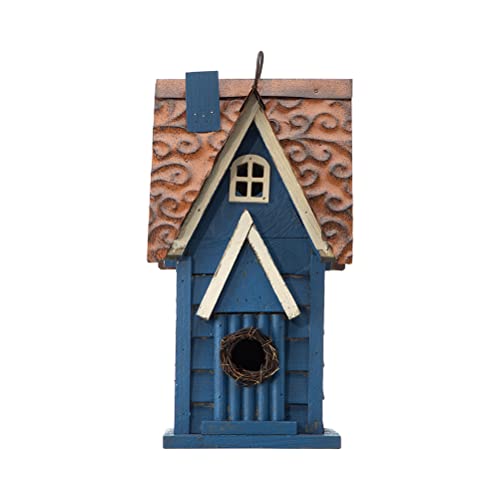 Glitzhome 12 Inch H Retro Blue Distressed Solid Wood Cottage Birdhouse Hanging Bird House For Outdoors thumb #5