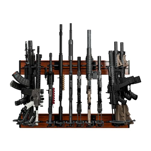 Hold Up Displays Rifle Rack Gun Wall Mount Display, 12 Rifle Holder for Gun Room Organization, Tactical Wall Mount, Black Walnut Slatwall Multi-Angled AR Display and Storage System