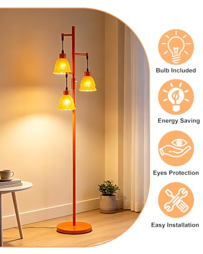 Image of Lightdot 3-Lights Glass Floor Lamp Dimmable Orange Floor Lamp with Orange Glass Shade 3000K Bulbs Included Unique Modern Standing Tall Lamp with 5Lbs Heavy Base for Living Room /Bedroom /Sofa Beside