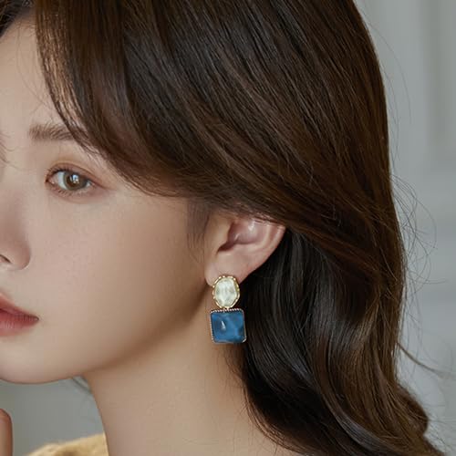 Asymmetrical Earrings, Square Resin Earrings, Blue and White3