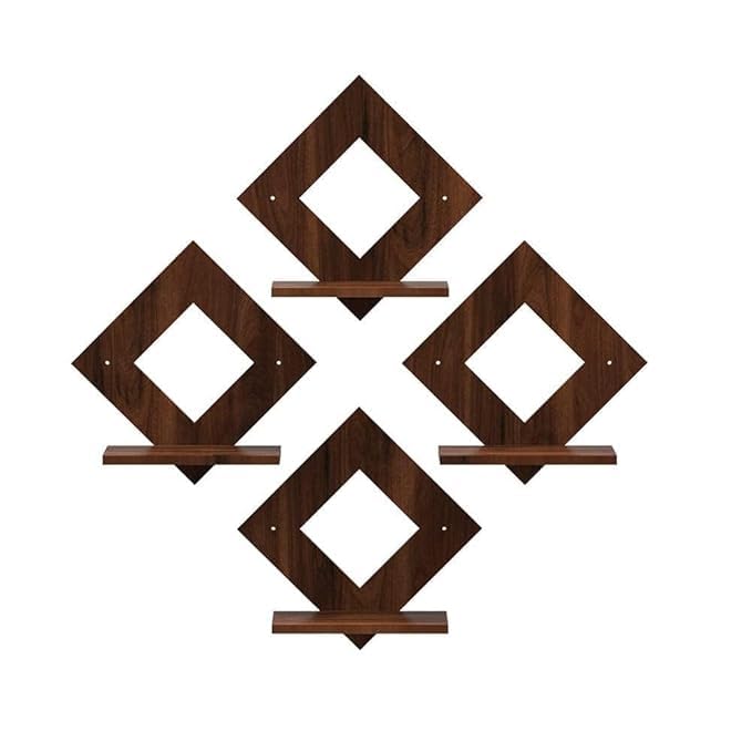 Image of Diamond Shape Wall Shelf with Artificial Potted Plants, Set of 7, Home Decor (Brown)