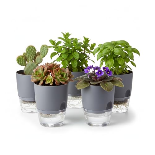 Thorkok 3.2 Inch Self Watering Planters 5 Pack Plastic Wicking Pots Grey