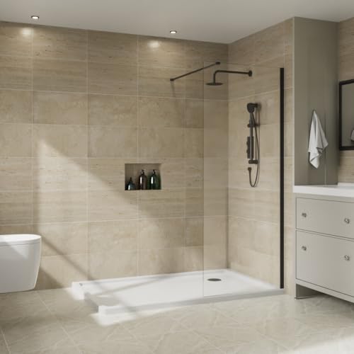 NRG 760 x 1950mm Bathroom Wet Room Screen Panel 8mm Easy Clean Glass Black Framed Walk in Shower Enclosure