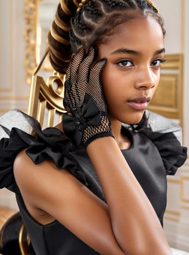 LATTEMARMALATTE Girls’ Wrist-Length Fishnet Flower Gloves – Fancy Dress Accessory for Weddings, Prom, Halloween & Christmas3