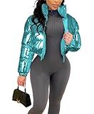 Halfword Women's Shiny Cropped Puffer Jacket Long Sleeve Solid Color Stand Neck Winter Down Coat
