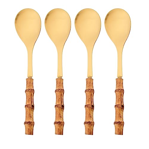 Snplowum 4PCS Serving Spoon, 18/10 Stianless Steel Gold Resuable Serving Utensils With Bamboo Handle, Buffet Banquet Dinner Spoons, 10-inch