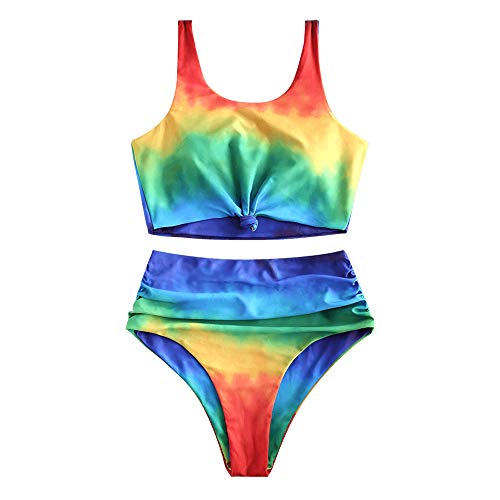 ZAFUL Tie Dye Bikini Set Knot Ruched Rainbow Tankini High Waisted Tank Bathing Suit S
