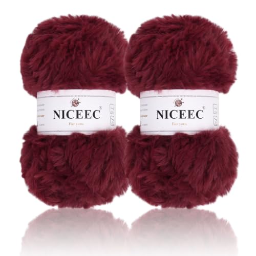 Image of NICEEC 2 Skeins Soft Faux Fur Yarn 70yds,3.53oz- S68#Dark Red | Crochet & Knit, DIY Project Starter Kit,Handbag,Sun Hat,Shoes, Shopper Bag