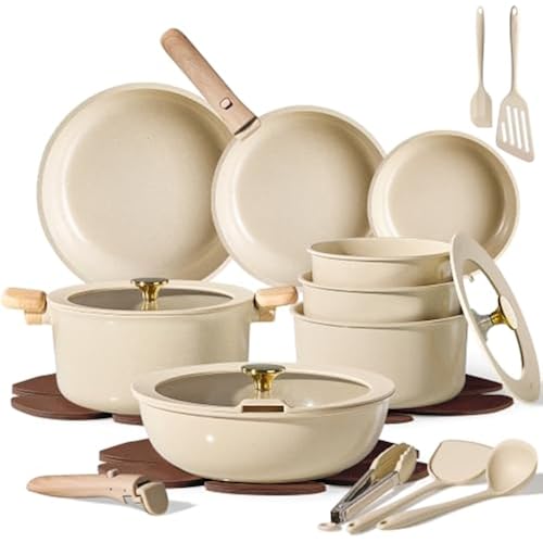 CAROTE 25pcs Ceramic Cookware Set, Pots and Pans Set with Detachable Handle