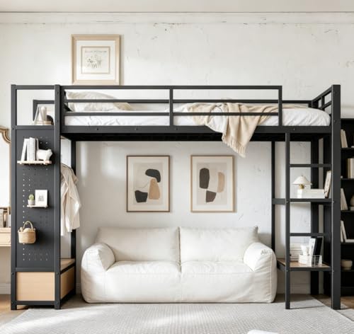 Image of Bellemave Twin XL Size loft Bed with Wardrobe and Storage Shelves and Pegboard Drawers, Metal Twin XL Loft Bed Frame for Adults, Kids, Teens, Black