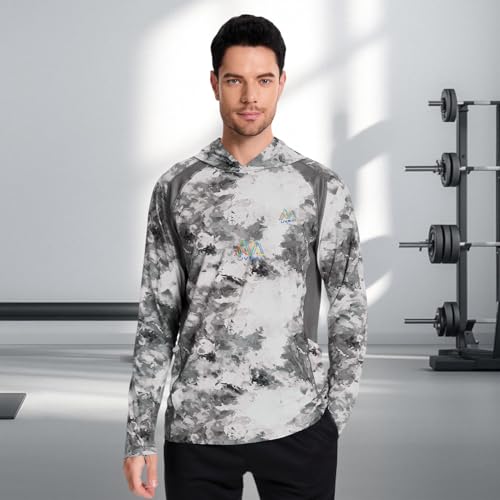 Image of Men's UPF 50+ Hoodie Shirt Long Sleeve Permanent UV Sun Protection Vented Tee Performance for Outdoor Hiking Fishing