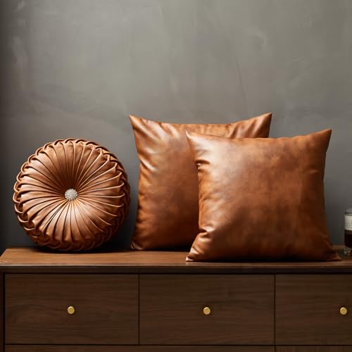 Image of EUCIOR Brown Round Leather Pillow,Circle Pillow,Handmade Round Throw Pillow,Smooth Faux Leather Decorative Pillows for Home Decor Bedroom Living Room Couch Bed,Diameter 15 inch