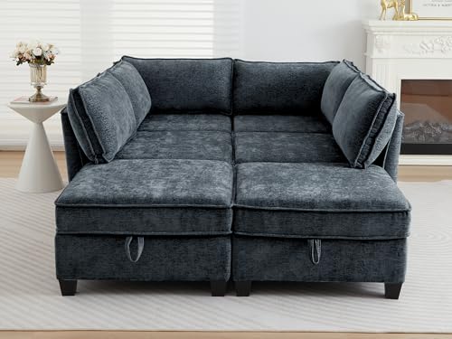 Image of ORRD Sleeper Modular Sectional Sofa Set, Convertible Couch Bed with Storage, 6 Seater and 4 Armrestes Sofa Modular for Living Room, Office (Blue Grey)