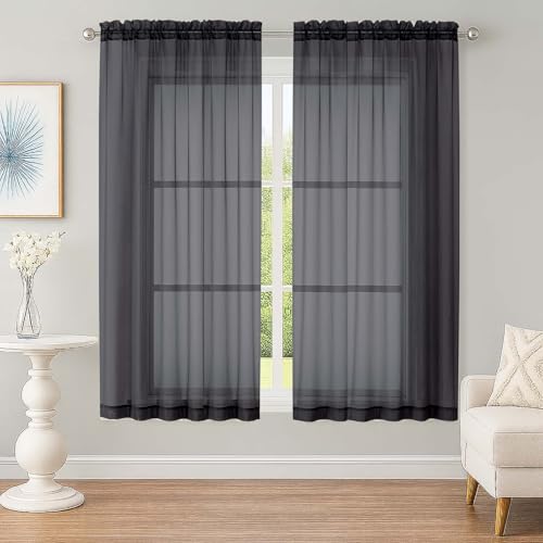 Image of OWENIE Sheer Black Curtains, Sheer Curtains 63 inch Length 2 Panels Set, Rod Pocket Voile Fimly Sheer Drapes for Living Room Bedroom, 2pcs, Black, Each 59 inch W x 63 inch L