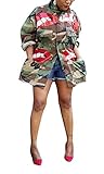 Voghtic Sequin Lips Print Plus Size Camo Jacket for Women Casual Long Sleeve Multi Pockets Overcoat Clubwear