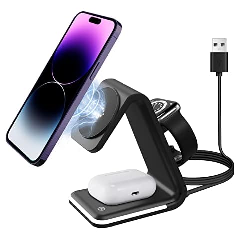 HATALKIN Magnetic Wireless Charger, 3 in 1 Wireless Charging Station, 18W Fast-Charging Stand for iPhone 14/13/12/Pro/Pro max/Mini,Apple Watch 8/Ultra/ 7/6/SE 2, AirPods pro 2/3/2 Qi-Charger Cover