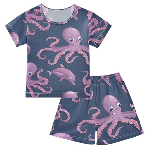 ALAZA Dolphin on Blue Pajamas Short Sleeve 2 Piece Sleepwear Top and Bottom Pajama Set Unisex