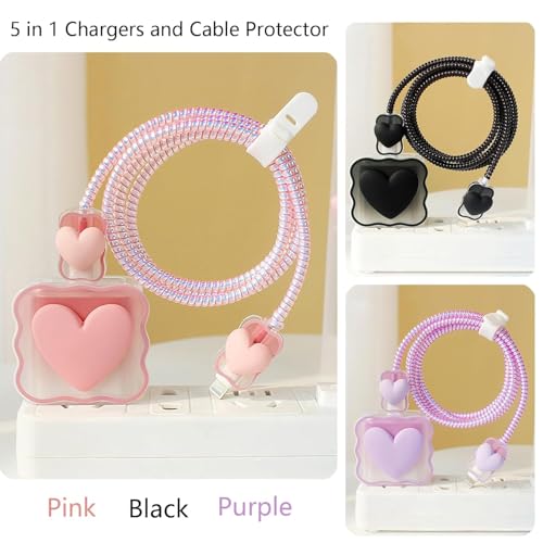 Image of ElectroGlimpse Charger Cable Protectors for iPhone Chargers 18W 20W Type C, 3D Cute Protective Case Cover Cartoon Style Fully Charger & Adaptor Protection Set-1 (Pink Heart)