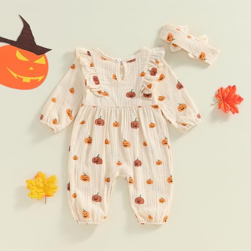Newborn Infant Baby Girl Halloween Outfit Pumpkin Print Puff Sleeve Ruffle Jumpsuit Headband Set Two Piece Clothes3