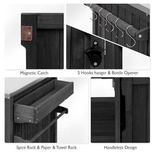 Image of Merax 66.5 inch Outdoor Kitchen Island for Big Green Egg Grills, Solid Wood Outdoor Grill Cart for Tabletop Grill with Stainless Steel Top, Drawer, Compatible with Kamado Joe,Black