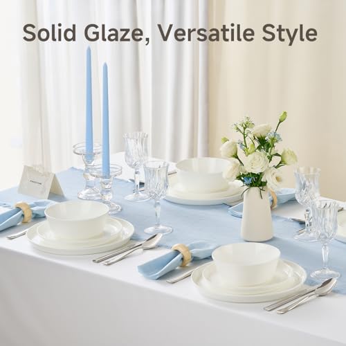 Image of KINGSTONE 24-Piece Bone China Dinnerware Sets, White | Lightweight Plates & Bowls Set | Straight Rim Bowl Dinner Set | Scratch Resistant | Microwave & Dishwasher Safe | Serves 8