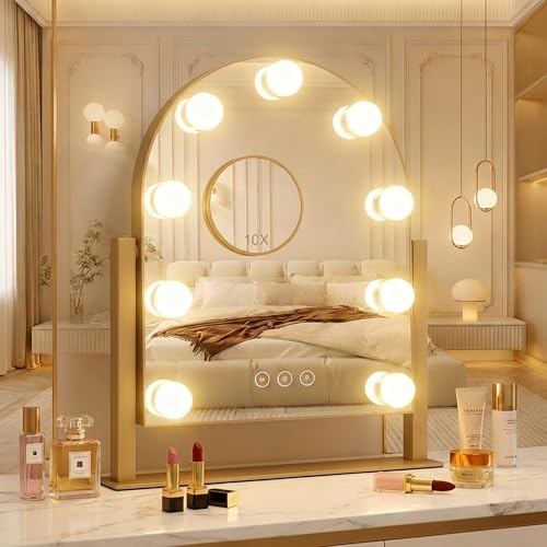 SLIMOON Arched Makeup Vanity Mirror with LED Lights Makeup Mirror Detachable 10X Magnification Hollywood Make Up Mirror with Lighting Smart Touch Rechargeable 360 Rotation Gold 14.17x 11.81