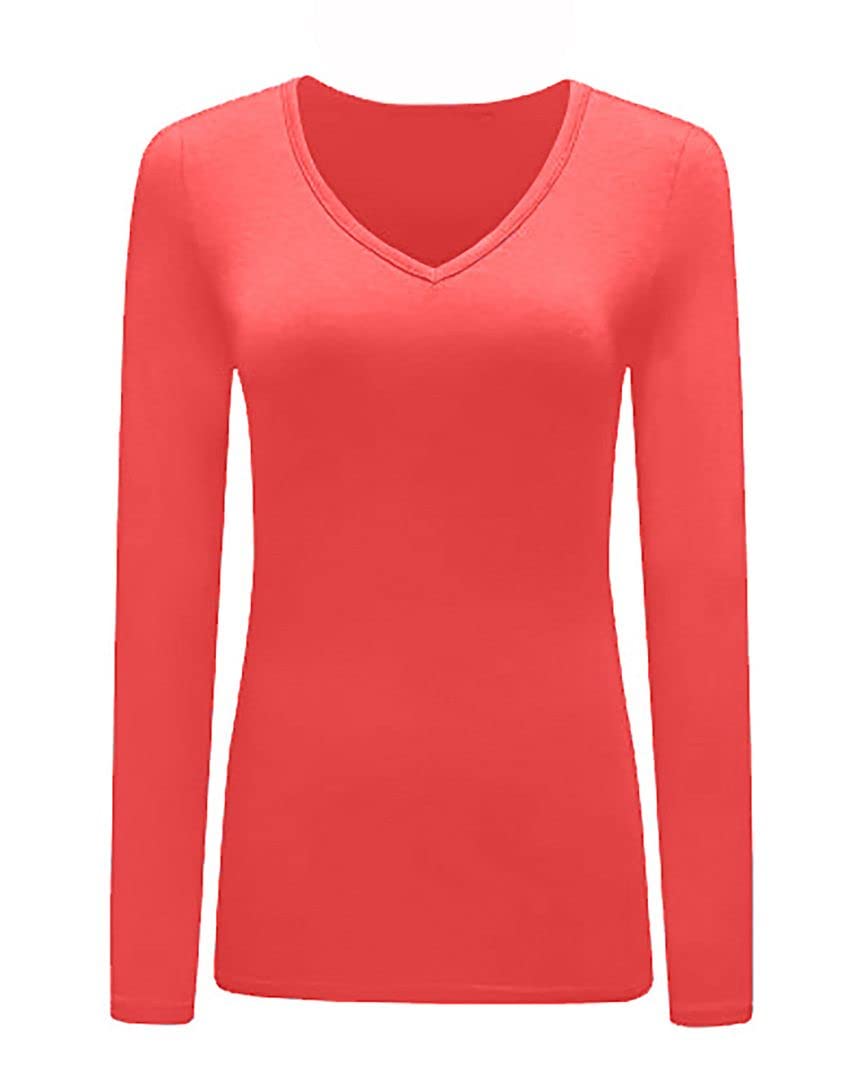 KATSSI Women’s Ladies Long Sleeve Stretch Plain V Neck T Shirt Top Coral