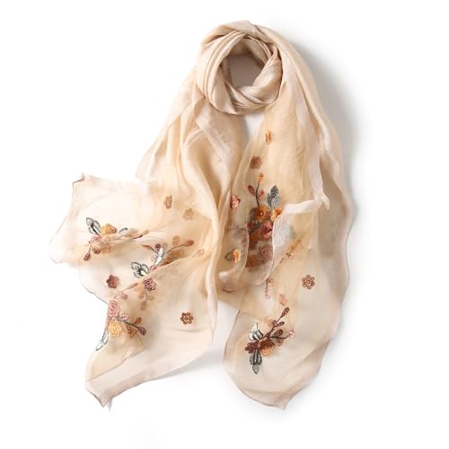 Jeelow Women's Silk Wool Scarf Shawl - Lightweight Floral Embroidered Wrap for Wedding, Party, Prom Fashion Accessory