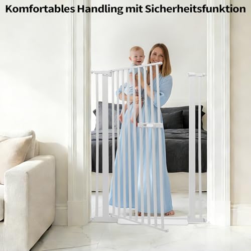 Katzengitter Tür, Schutztor Ausziehbar Haustiere Katzentiertor 150cm Haustiergitter Extra Hoch mit Doppelverriegelung Katzentür&3.5cm Stababstand Ohne Bohren für Haustier Kleinen (weiß)