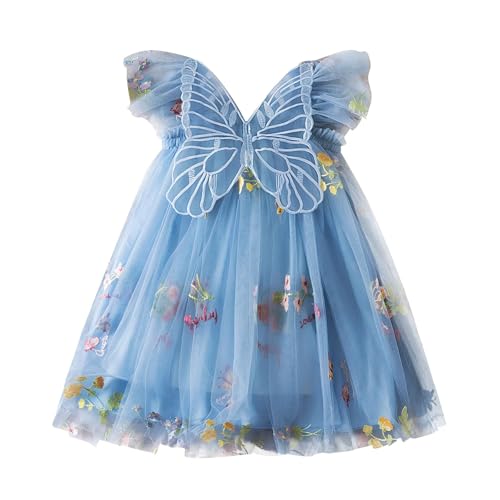 DivingBirds Baby Girl Butterfly Dress Toddler Sleeveless Summer Tutu Mesh Tulle Dresses Birthday Party Wedding Gifts for Girls 2-3 Years Blue