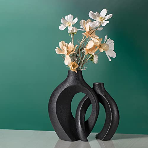 Levvohd Black Hollow Ceramic Vase Set Of 2, Snuggle Round Boho Donut Modern Vase Nordic Minimalist Decorative Vase For Modern Trendy Home Table Centerpiece Decor (W 6.3" X H 8") #TOP2
