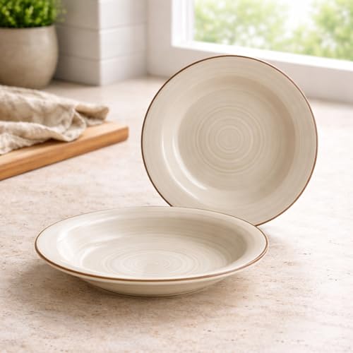 Image of Pasta Bowl Set of 2 | 7 Inch, Deep Soup & Salad Serving Plates | Microwave & Dishwasher Safe Big Bowl | Stylish Kitchen Tableware for Pasta, Soup & Everyday Dining (2, Beige)