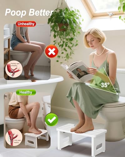 Image of Foldable Toilet Stool, 7.5 Inches Bamboo Toilet Stool Squat for Adults, Collapsible Poop Stool for Bathroom, Potty Step Stool with Non-Slip Strip (2Pack,White)