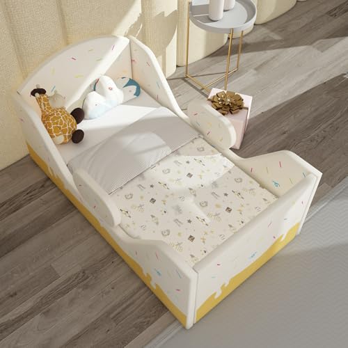 Image of weeonekids Toddler Bed, Child Bed for Kids with Extra Safty Broad, Standard Crib Size Toddler Bed, Certified Fabric Toddler Beds,Toddler Flood Bed (Deizzle Donut)