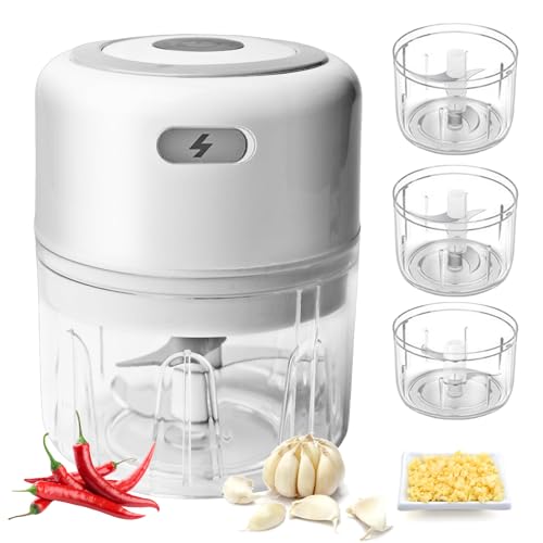 SPORWAY Cortador de cebolla, cortador eléctrico de verduras: picadora de cebolla, prensa de ajos, mini picadora recargable por USB, para carne, cebolla, ajo (2 x 250 ml y 100 ml)