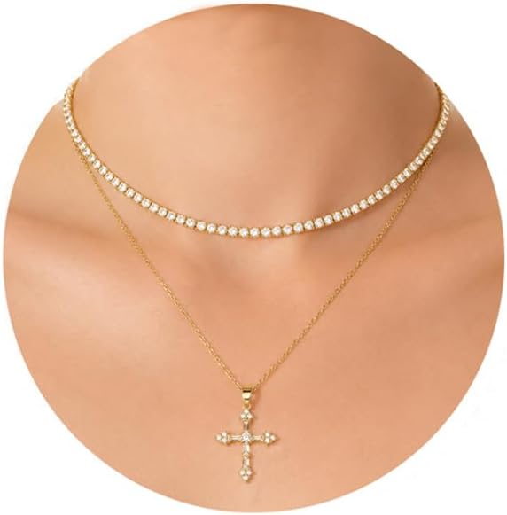 Layerd Chain Neckalce for Women Tennis Necklaces CZ Simulated Diamond-Accented Cross Pendant Necklace 2pc Dainty Chain Necklaces Jewelry Gifts