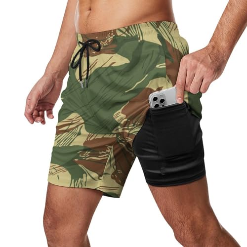 Rhodesian Camouflage Men's Beach Shorts with Compression Lining, Quick Dry Stretch Swimsuit