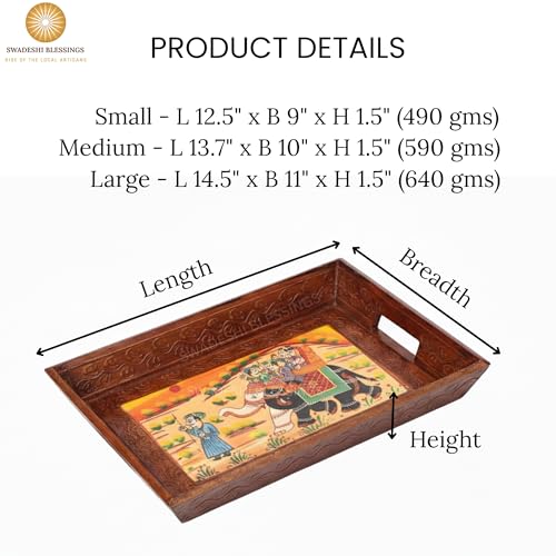 Swadeshi Blessings Wooden Serving Tray Set- Handcrafted & Hand-Painted for Kitchen/Table & Home Decor/Dinning/Gifts/Restaurants/Living Room/Coffee Table (Set of 3 Trays) (Brown),Rectangular