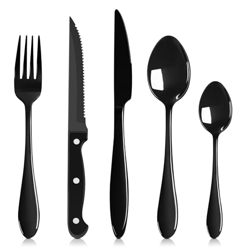 HaWare Black Cutlery Set, 30 Piece Stainless Steel Flatware with 6 Pcs Steak Knives, Elegant Tableware Silverware Include Knives Forks Spoons, Service for 6, Mirror Finish, Dishwasher Safe
