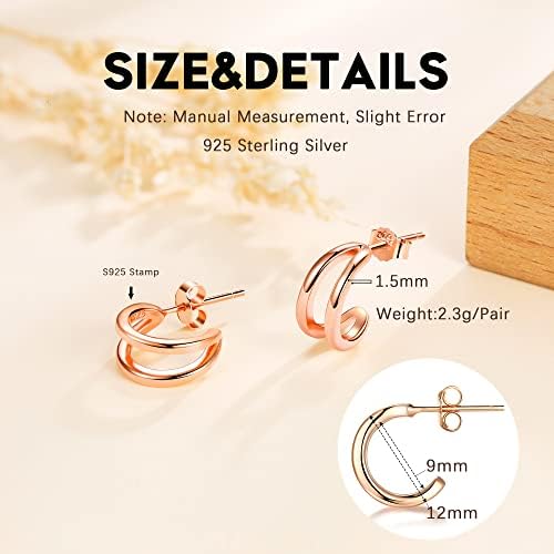 Lydreewam 925 Sterling Silver Small Half Hoop Earrings for Women Girls, Mini Huggie Hoop Earrings, 12mm Diameter Double Hoop Earrings, 3 Colors in Silver/Gold/Rose Gold