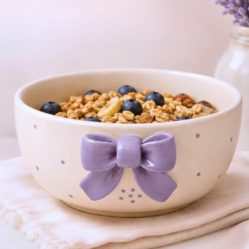 Image of Ceramic Bowl, 3D Lavender Bow Design, 450 ml, Set of 1, Lavender and White, Microwave Safe, Round, for Cereal, Pasta, Dessert, Noodle, Snack and Soup, 1 Ceramic Pasta Bowl