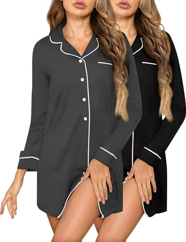 2 Pack Women Nightgowns Button Down Sleepwear Soft Long Sleeve Pajama Women Nightdress V Shaped Neck Sleep Shirts