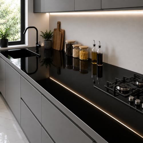 Image of Vinyl Contact Paper Decorative for Cabinets Countertops Kitchen Shelves Liner Self Adhesive Film Peel and Stick Waterproof Removable Wallpaper (Inches 12 x 60, Glossy Black)
