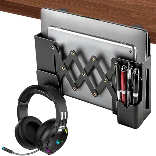 IUSEIT Desk Side Storage，Under Desk Clamp-on Vertical Laptop Holder,7-17 Inch Length Adjustable with Pen & Headphone Holder,No Drill Storage Shelf for Desk，Fits Table Edge 0.4' to 2.3'(Black)