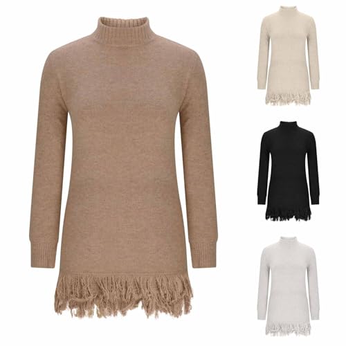 Women's Long Sleeve High Neck Sweater Casual Slim Fall Winter Basic Pullover Fashion Fringe Hem Sweaters Jumper Tops