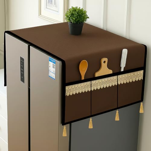 Image of Refrigerator Double Door Waterproof, Dustproof, Tassel Lace Refrigerator Top Cover, Protective Covers for Fridges with Extra Storage Space Nylon Top cover with 6 Storage Pockets (Coffee, 170 x 65 cm)