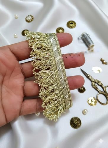 Image of Golden Kiran Fringe lace for Dupatta Wedding Bridal Dresses jhalar Trim, Fancy Kiran Lace for Fabric Dresses Decorating, khichdi jhalar Border Lace (Olive Water Golden)