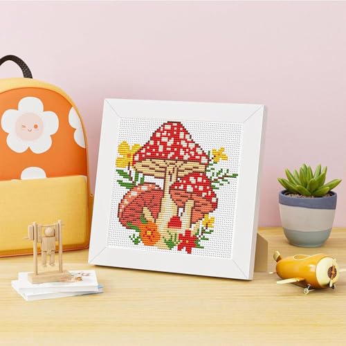 Image of Tiwabb Mushroom Cross Stitch Kits for Adults Beginners,Stamped Cross Stitch Kits with Framed,Embroidery Kit for Beginners,Partial 11CT Cross-Stitch Arts and Crafts for Adults 7x7inch