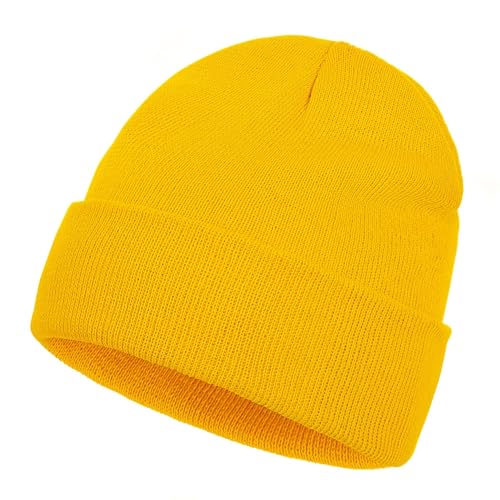 Werownsgso Strickmützen Beanie Mütze Herren Dünner Wintermütze Classics Mütze Herren Damen für Kalte Tage Outdoor (DE/NL/SE/PL Alphanumerisch Einheitsgröße Gelb)